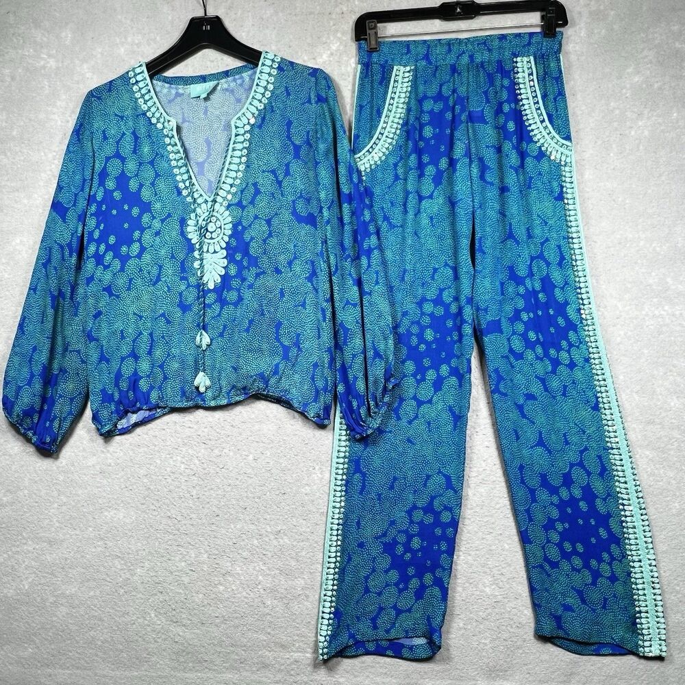 Taj By Sabrina Crippa Nasrine Set S/M  Blue Embellished Peacock Print Medium